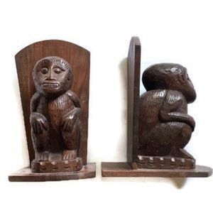Bookends Wood Hand-Carved Monkey Jungle African